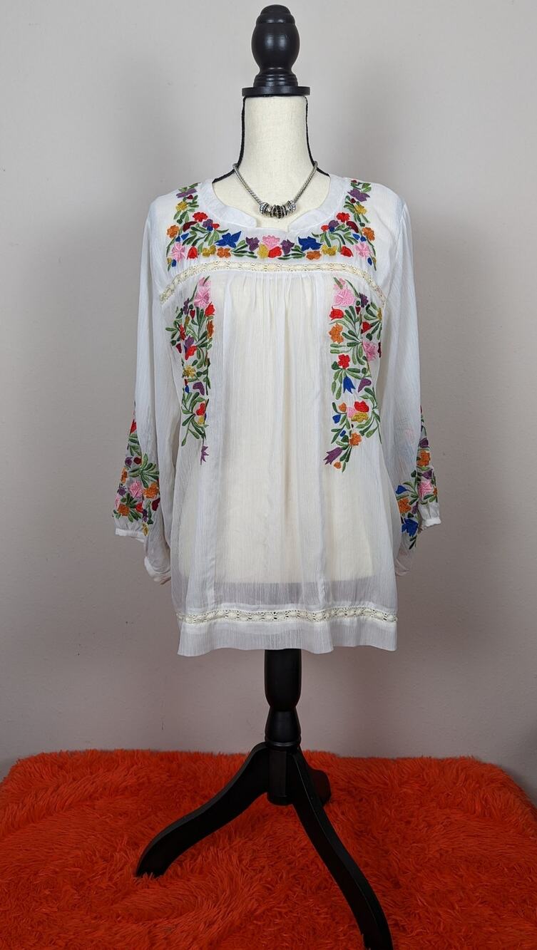Anu Multicolor Embroidered Floral Notched Round Neck Long Sleeve Blouse Top XL